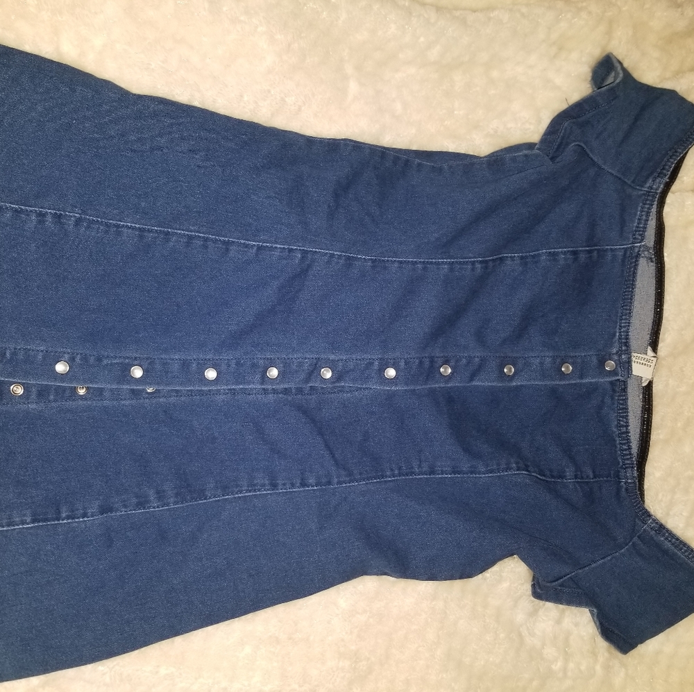 Denim and pearl button off the shoulder mini dress
